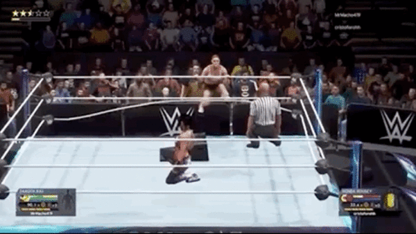 a moving GIF image of a completely bugged out match on WWE videogame, where characters legs are poorly animated and glitchy